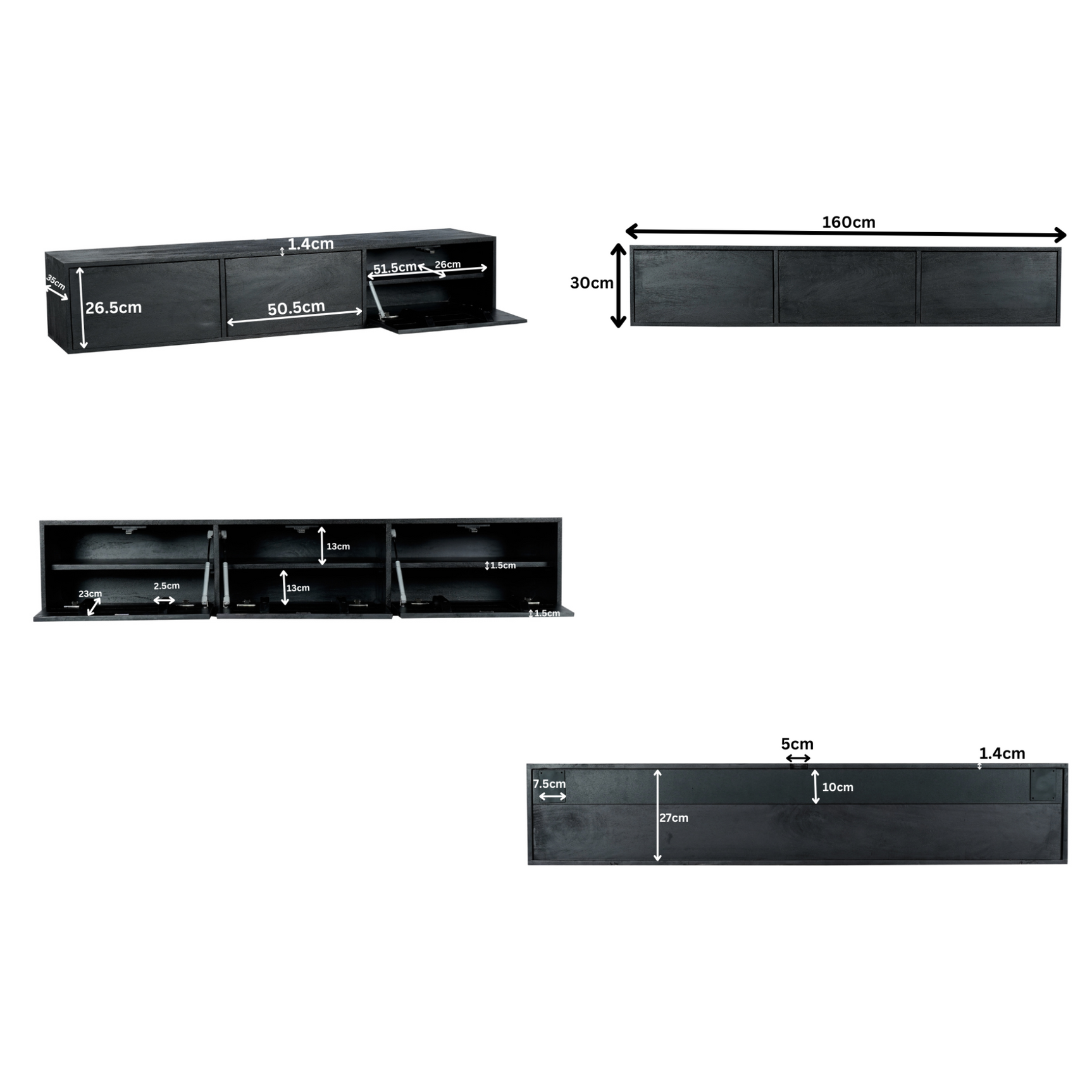 Tv-meubel zwart, 160 cm breed en 30 cm hoog, met drie compartimenten.