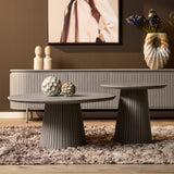 Ronde salontafel met grijs blad en geribbelde poten, taupe