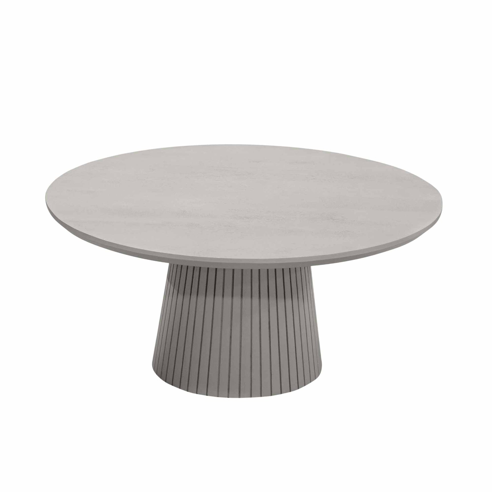 Ronde salontafel Solana taupe, zijaanzicht van geribde cilindervoet onder blad.