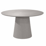 Ronde eettafel met taupe blad en sculptuurvormige, gestreepte voet.