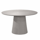 Ronde eettafel met taupekleurig blad en conische poot met verticale groeven