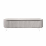 Tv-meubel met ovale bovenkant, geribde frontstroken en metalen pootjes, taupe/grijs.