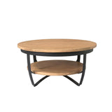 Ronde salontafel met licht mangohouten blad, ronde plank eronder en zwart frame