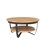 Ronde salontafel met licht mangohouten bovenblad en ronde tussenplank, zwart onderstel