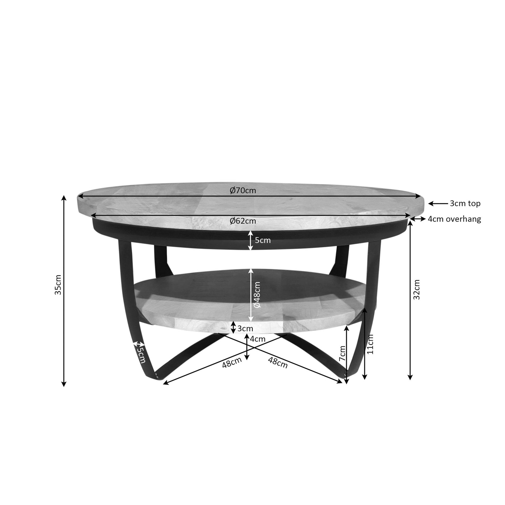 Ronde salontafel van 70 cm met licht mangohout blad, zwart frame en ronde tussenplank