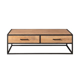 Salontafel met houten blad, twee lades en zwart metalen onderstel