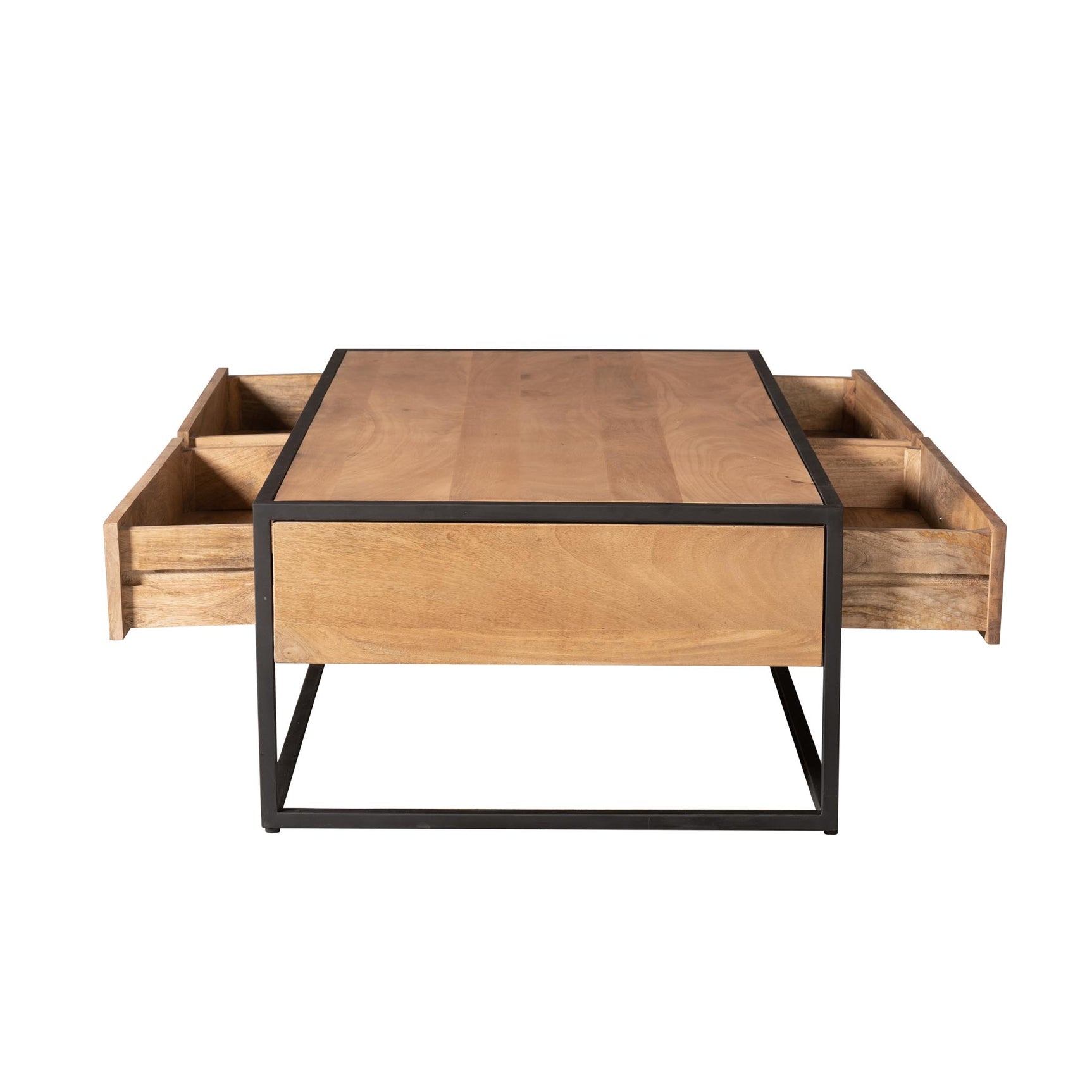 Salontafel met houten fronten en open vakken aan de zijkant, zwart metalen frame