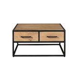 Salontafel met twee laden, zwart metalen frame en houten blad
