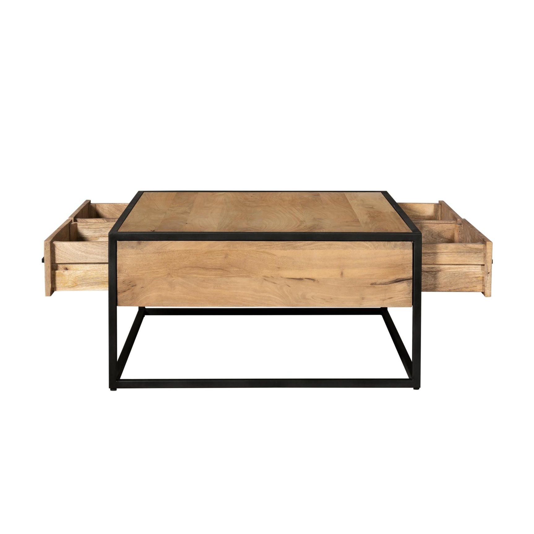 Salontafel met open zijvakken en twee laden, houten blad en zwart metalen onderstel