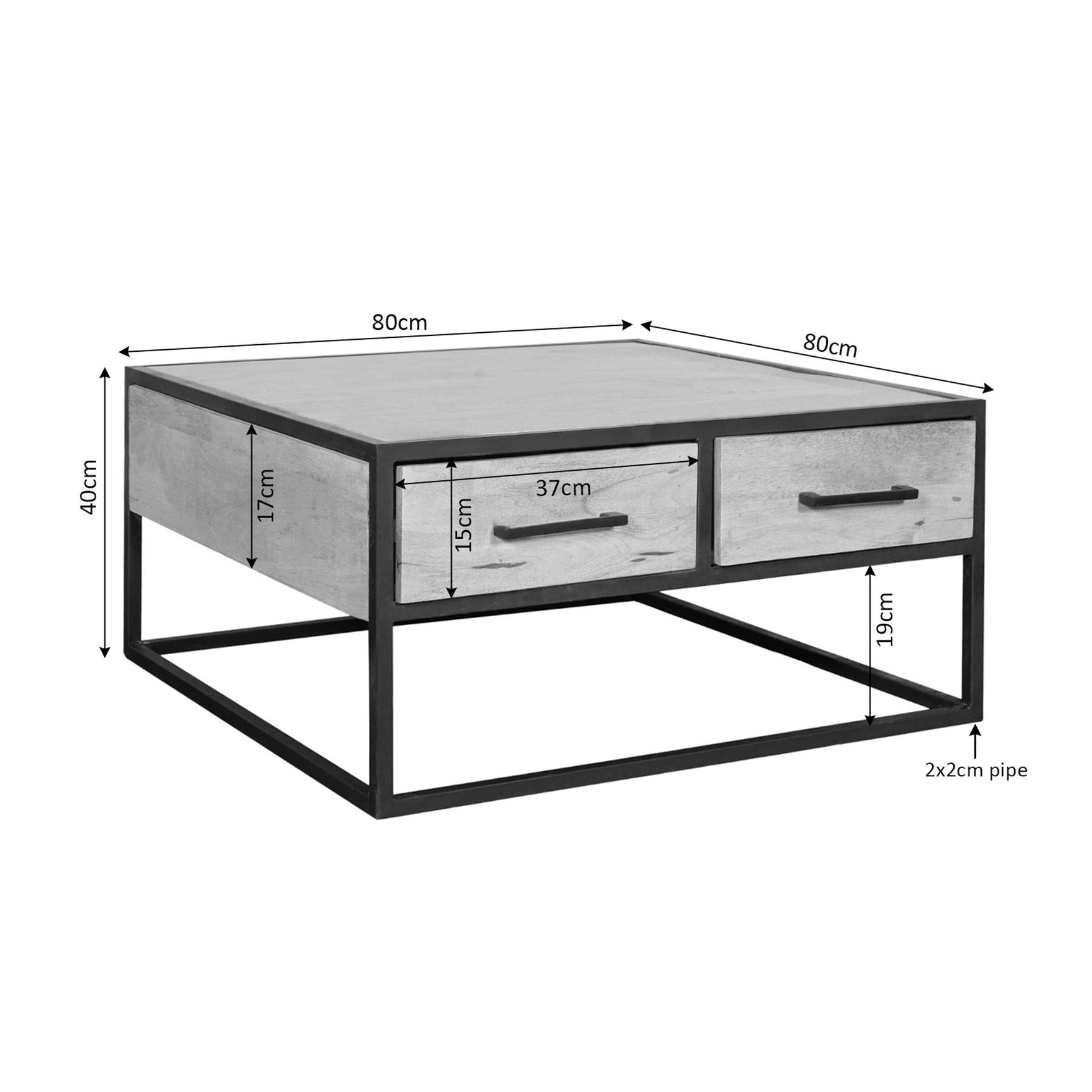 Salontafel met twee laden en houten blad, zwart metalen frame; afmetingen weergegeven