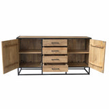Dressoir Dakota met open deuren, binnenplanken en vier lades; zwart metalen frame.