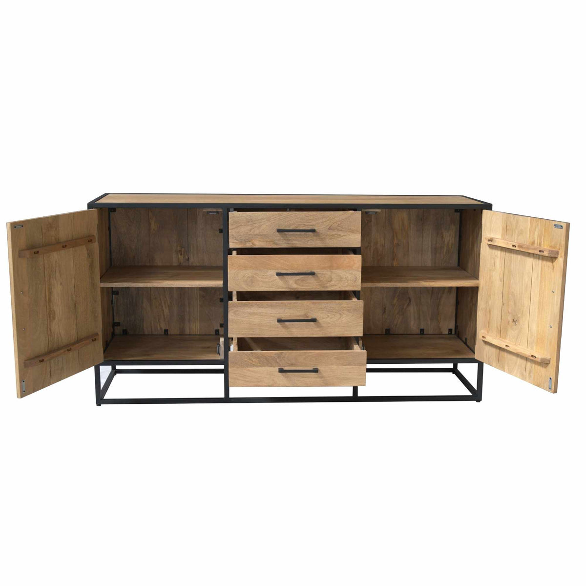 Dressoir Dakota met open deuren, binnenplanken en vier lades; zwart metalen frame.