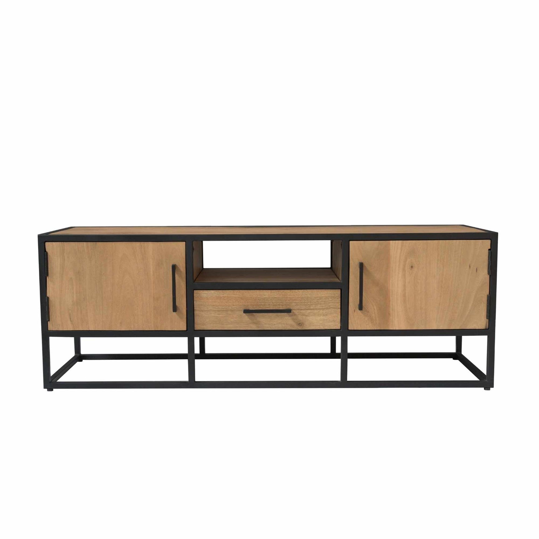 TV-meubel Dakota met twee frontdeuren, open middenvak en lade, hout en zwart