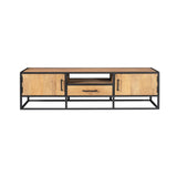 Tv-meubel met houten fronten, twee deuren en middenlade met zwart metalen frame.