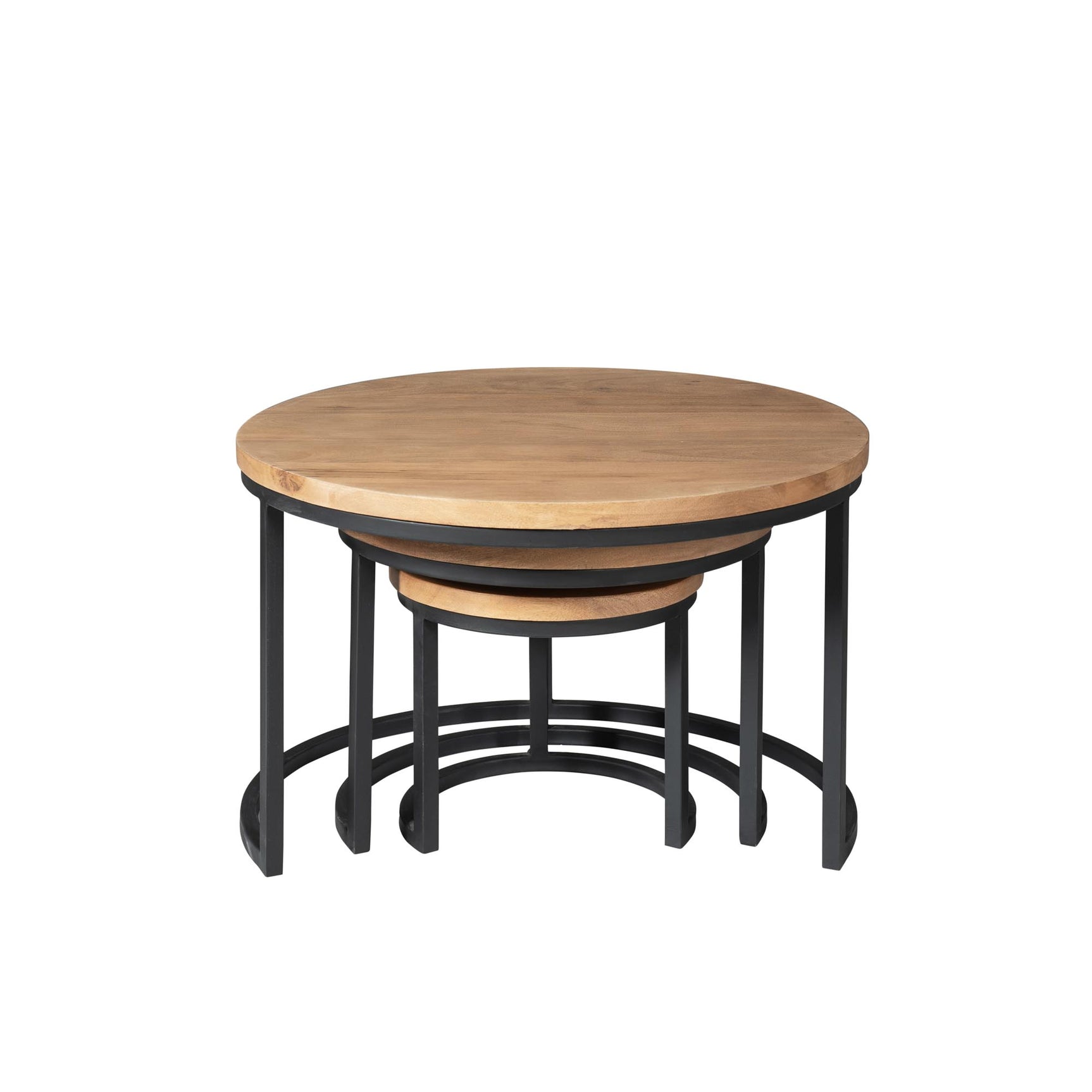 Set van 3 ronde salontafels met lichtbruin houten bladen en zwart metalen onderstellen