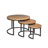 Set van 3 ronde salontafels met houtkleurige bladen en zwart metalen poten