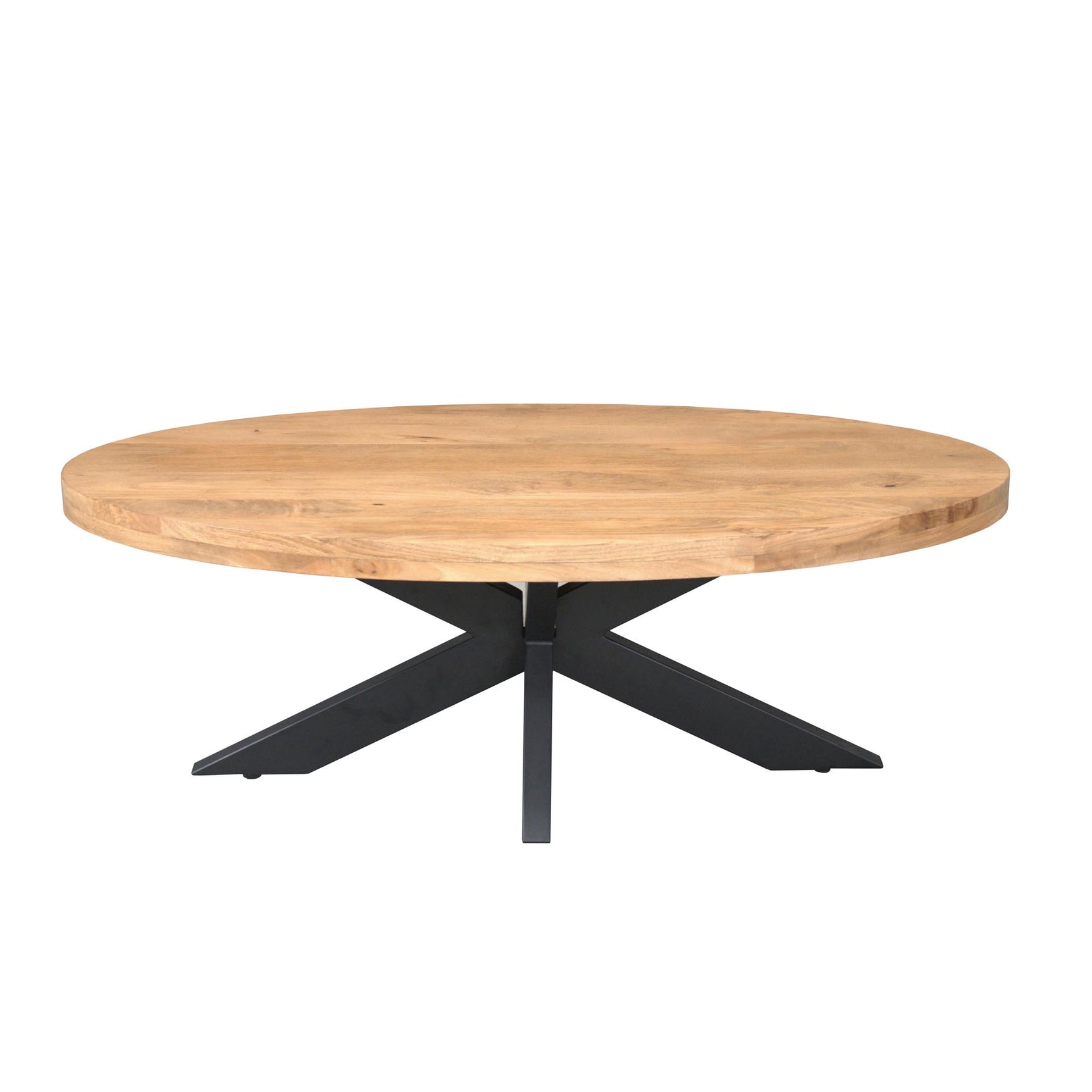 Ovale salontafel met licht eikenhouten blad en zwart metalen onderstel