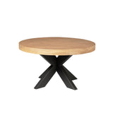 Ronde salontafel met licht eiken blad en zwarte X-poten