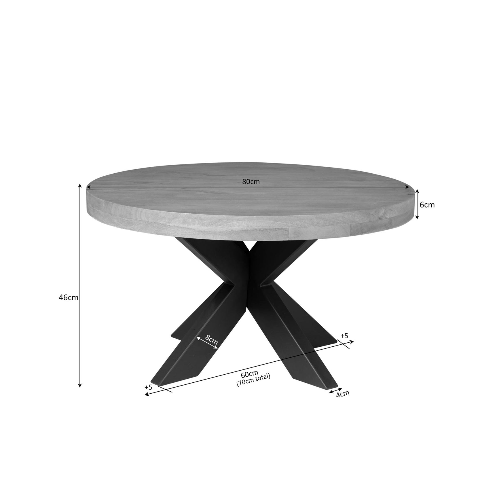 Ronde salontafel 80 cm: licht eiken blad, zwarte poten; hoogte 46 cm
