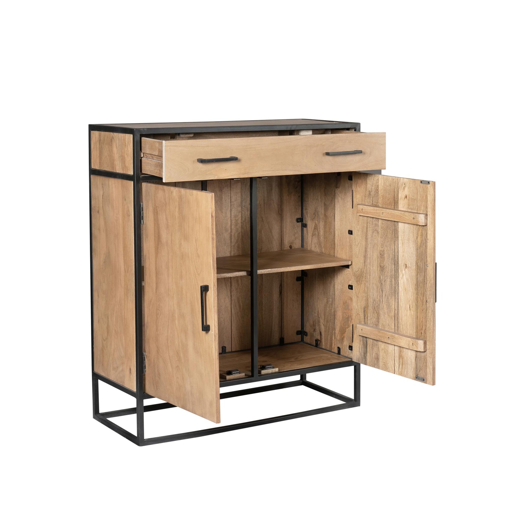 Kast Dakota met open deuren en planken, eikenlook panelen en zwarte metalen basis