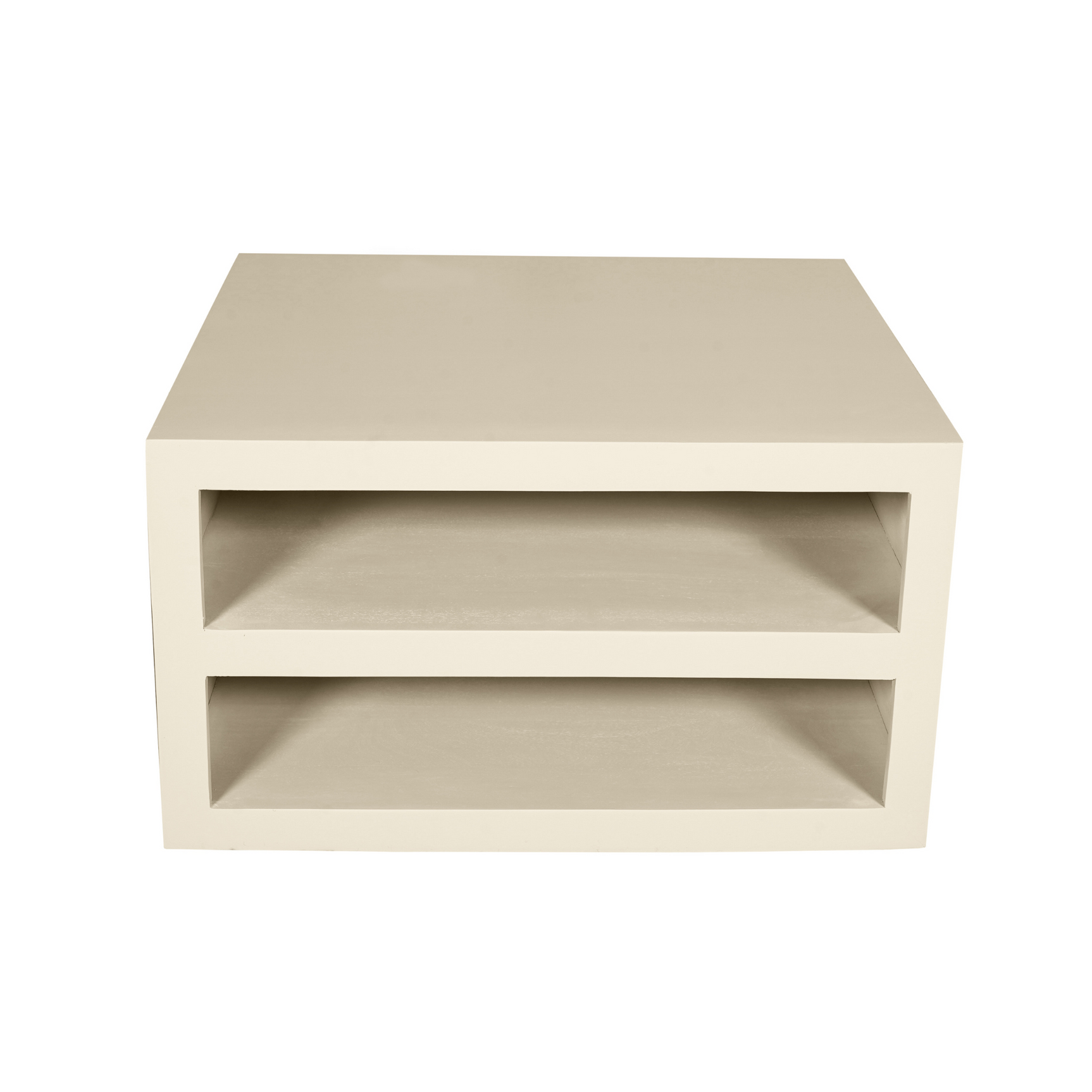 Salontafel zandkleur met twee open planken en rechthoekig blad, hoekaanzicht.