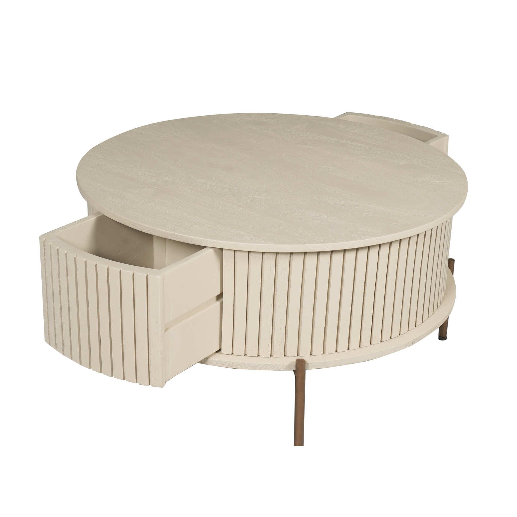 Ronde salontafel met open zijcompartimenten, verticale lamellen en zandkleurige zijkant
