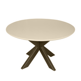 Ronde eettafel met zandkleurig blad en donkerhouten kruispoten