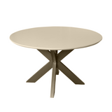 Ronde zandkleurige eettafel met centraal voetstuk en drie poten.