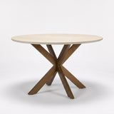 Ronde zandkleurige eettafel met taps toelopende X-poten, 150 cm