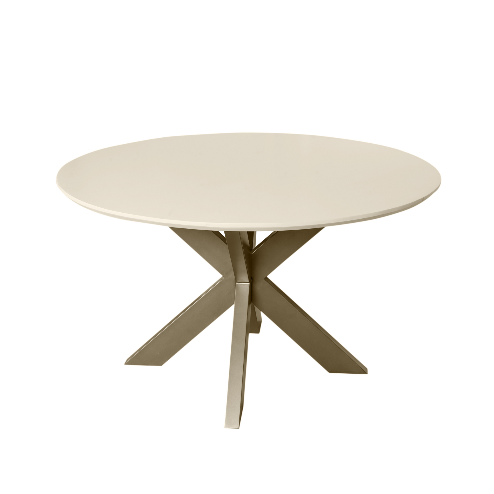 Ronde eettafel met licht zandkleurig blad en drie houten poten