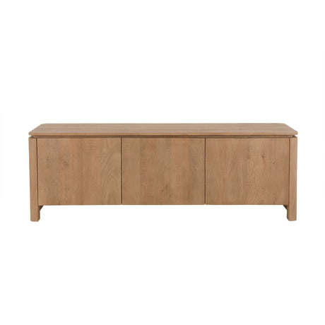 TV-meubel naturel mangohout met 3 frontpanelen en hoge houten poten.