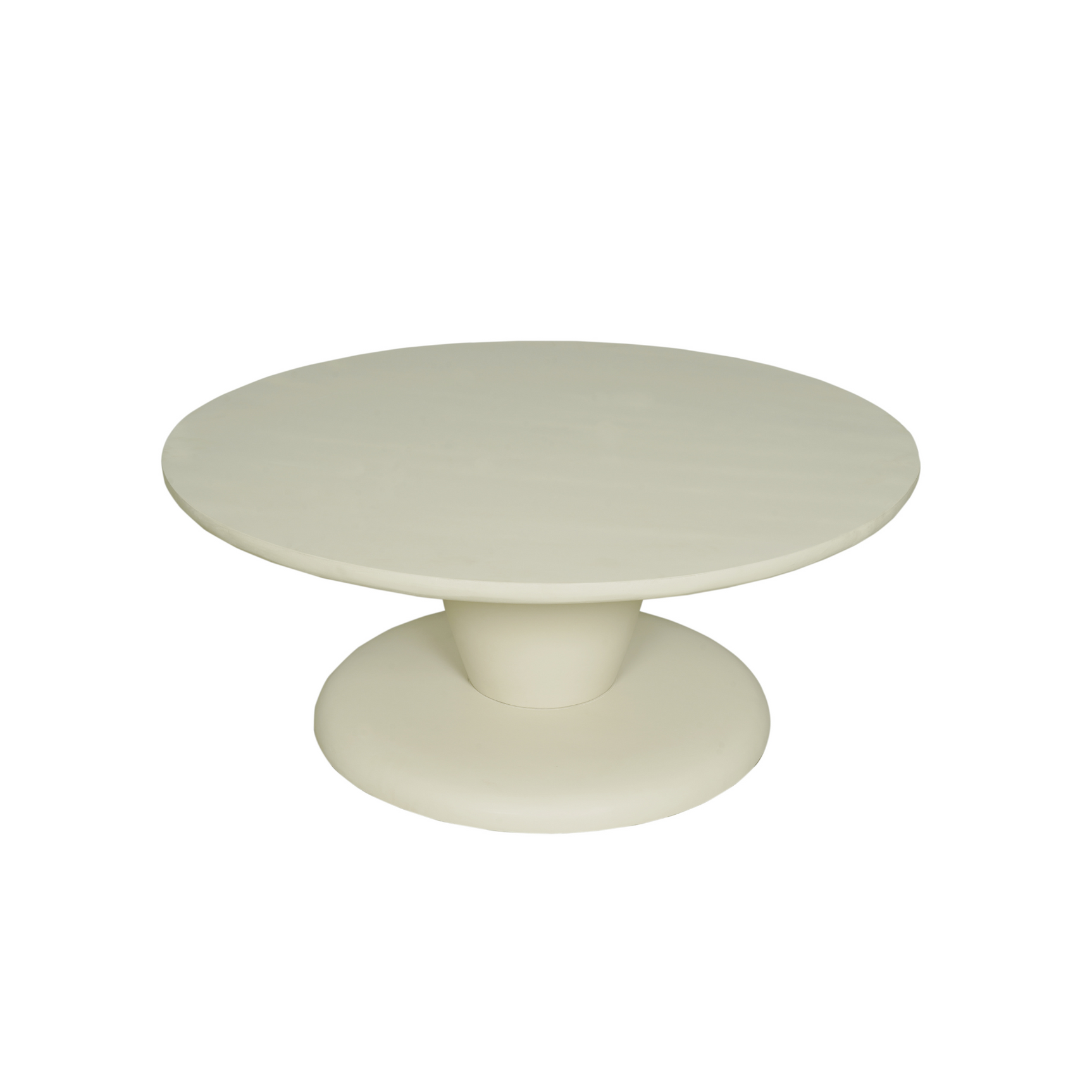 Ronde salontafel met lichtkleurig blad en eivormige centrale onderstel