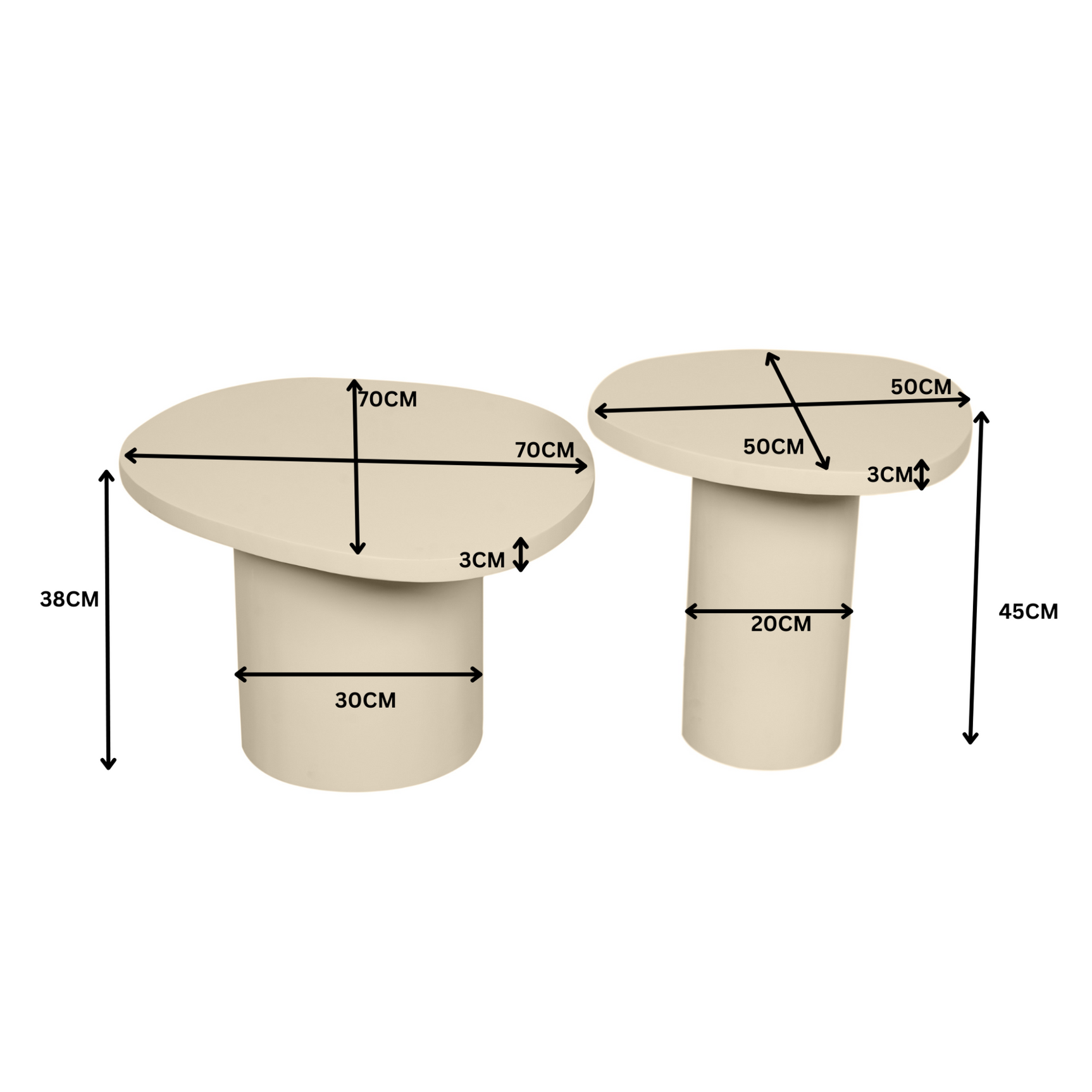 Twee ronde salontafels met afmetingen: links 70×30×38 cm, rechts 50×20×45 cm