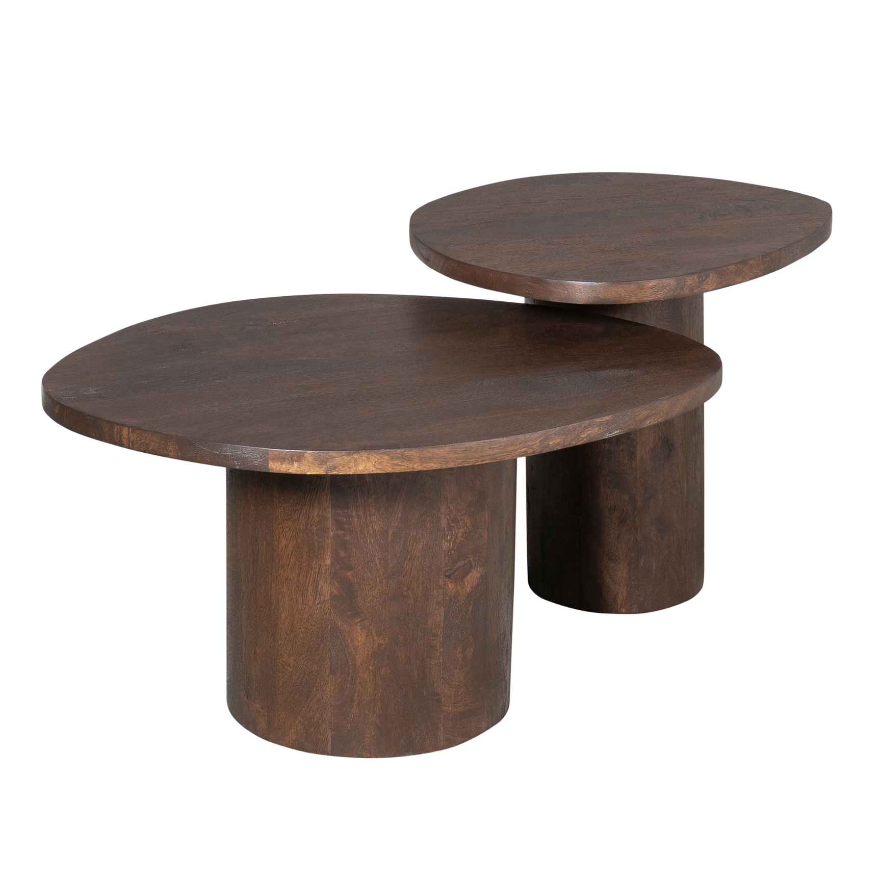 Set van 2 ronde salontafels met bruin houten blad en cilindrische poot.