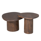 Set van 2 bruine houten salontafels met overlappende ronde bladen