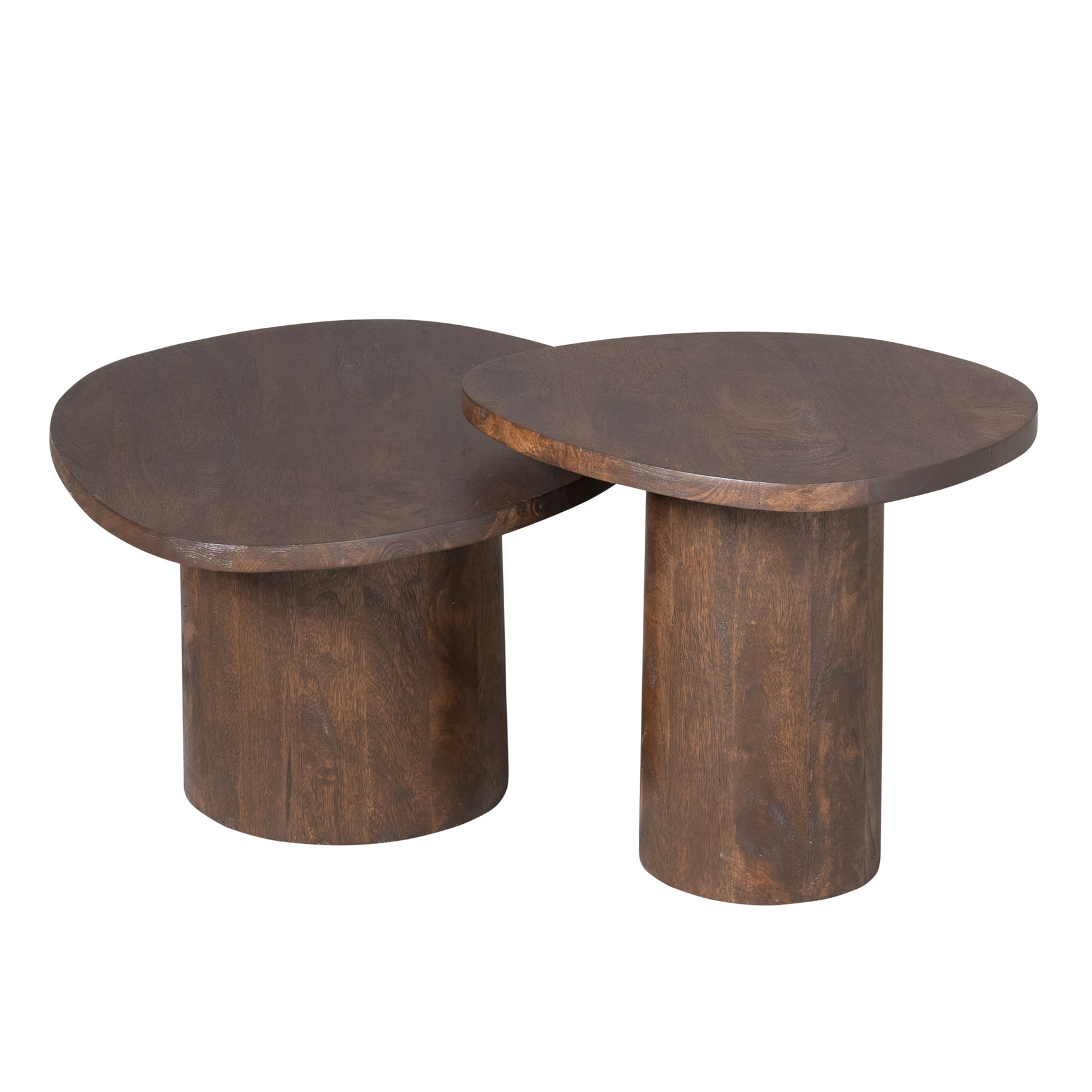 Set van 2 bruine houten salontafels met overlappende ronde bladen