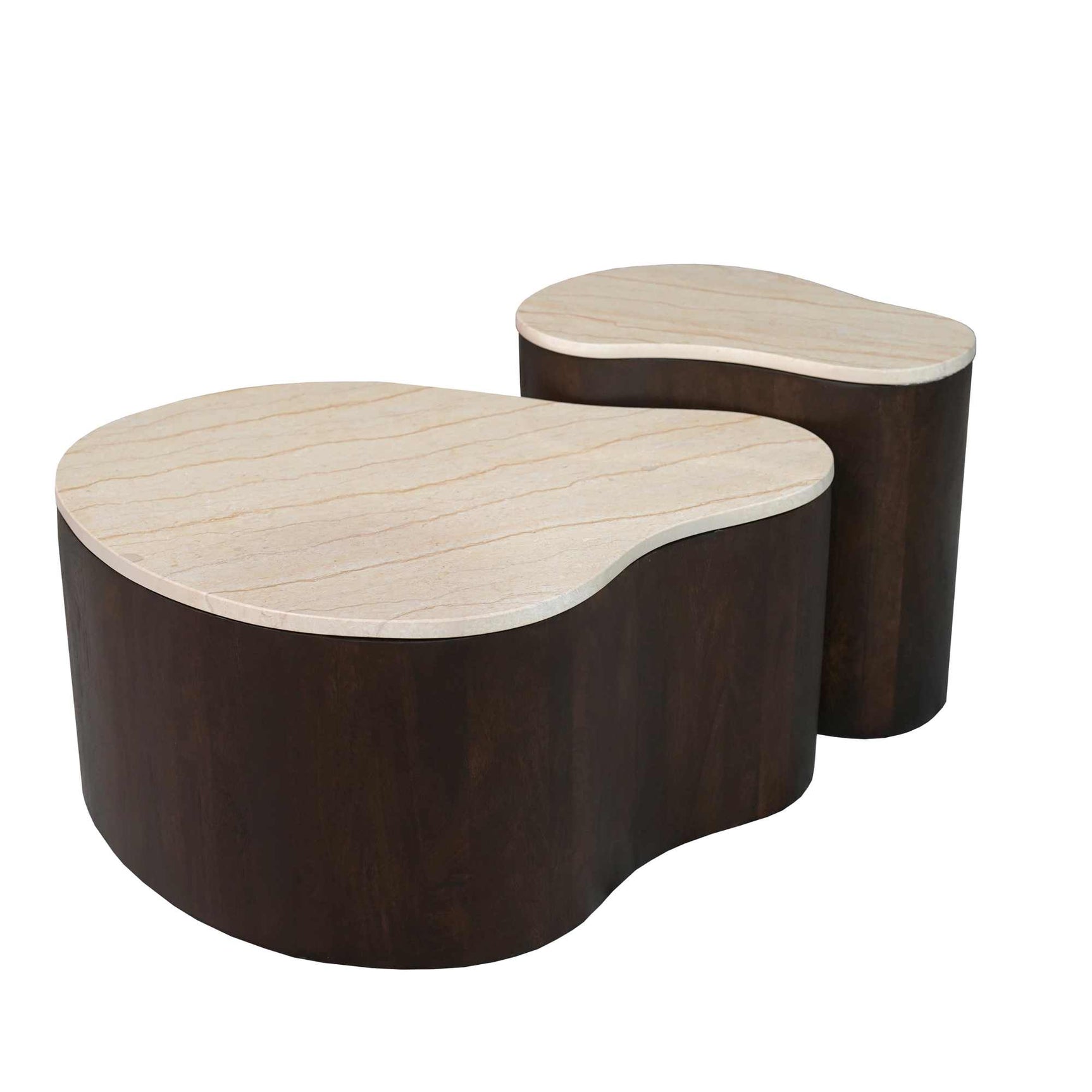 Salontafel Lovi in donkerbruin met licht houten ovaal blad en afgeronde zijkanten.