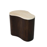 Salontafel Lovi donkerbruin met licht houten blad en afgeronde, massieve vorm.