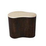 Salontafel Lovi donkerbruin met licht houten blad en gebogen zijkanten.