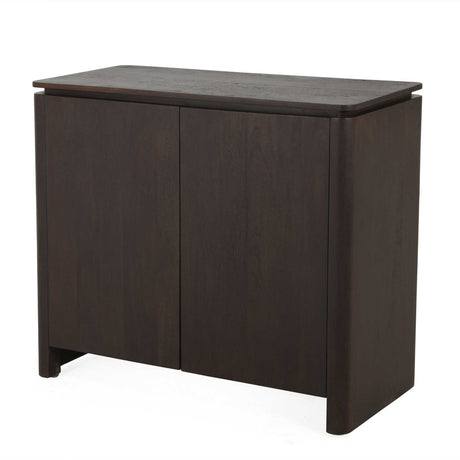 Bruin mangohouten dressoir met twee deuren en rechthoekig marmeren blad, lage kast