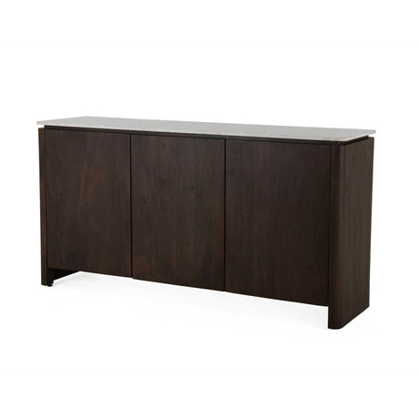 Bruin mangohouten dressoir met licht marmeren blad, lage kast met vier deuren