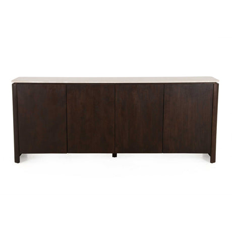 Mangohouten dressoir met grijs blad en vier deurtjes, donkerbruin houtnerf.