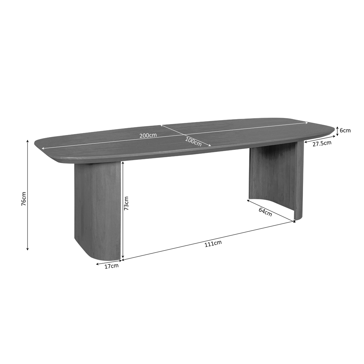 Eettafelafmetingen: 200×100 cm, hoogte 75 cm, blad 27,5 cm