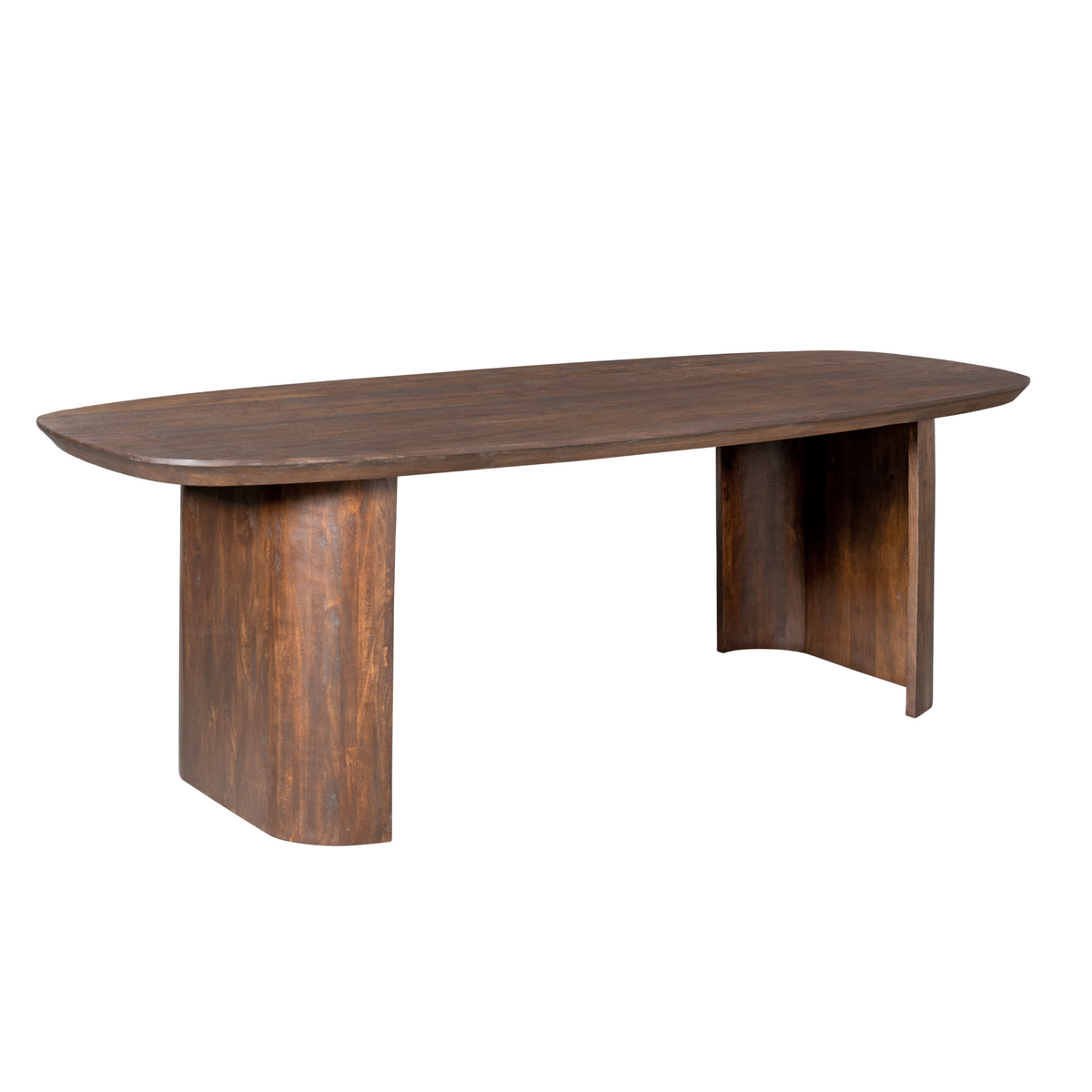 Eettafel in bruin hout met schuin blad en brede zijkantpoten