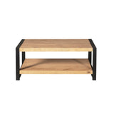 Salontafel met zwart frame en licht eiken blad, met open onderblad