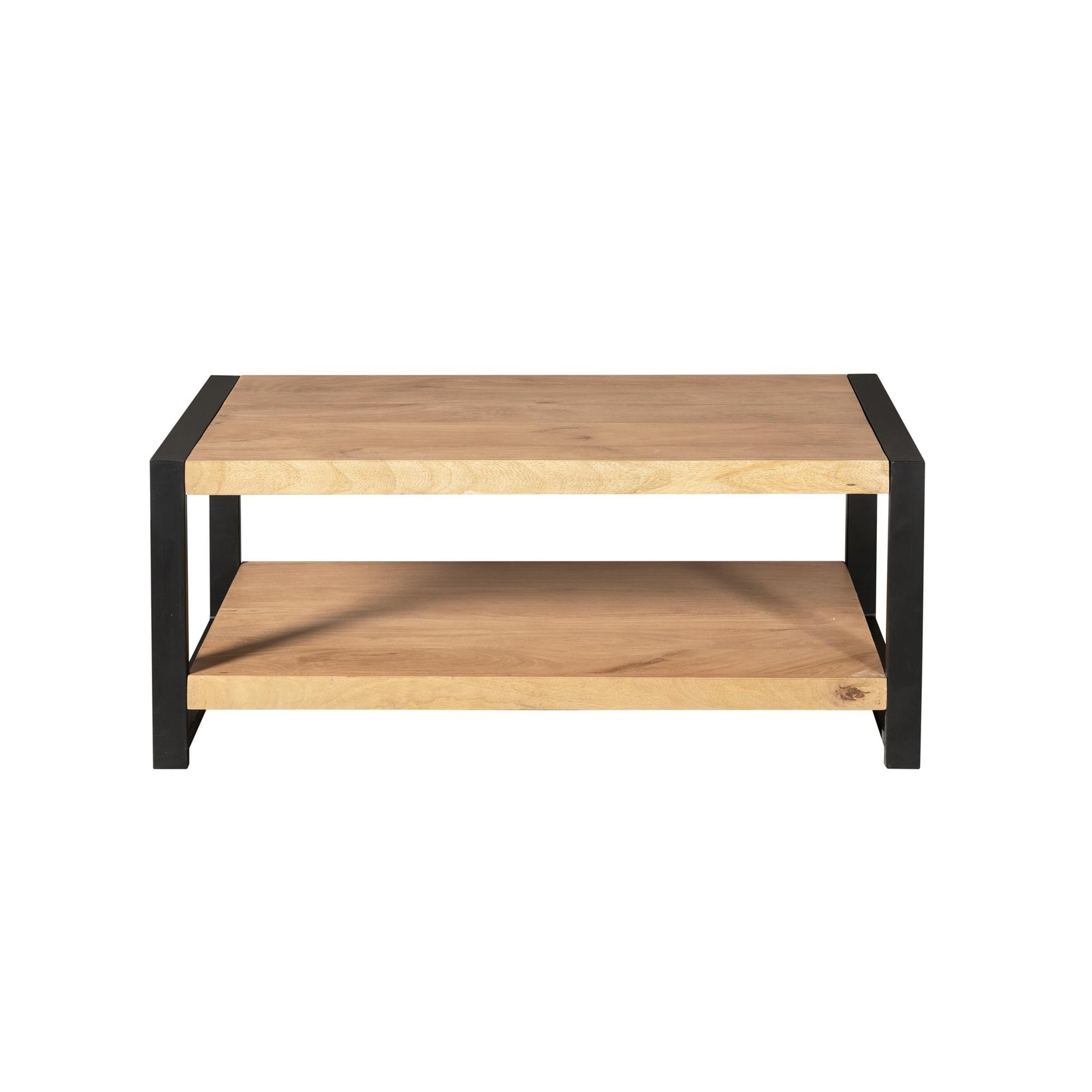 Salontafel met zwart frame en licht eiken blad, met open onderblad