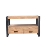 Tv-meubel met open vak en twee laden, zwart frame en licht hout blad