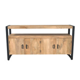 Dressoir met houten blad, zwart onderstel en metalen handgrepen op vier deurtjes.