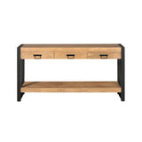 Bijzettafel met drie lades en open plank, licht hout en zwart frame