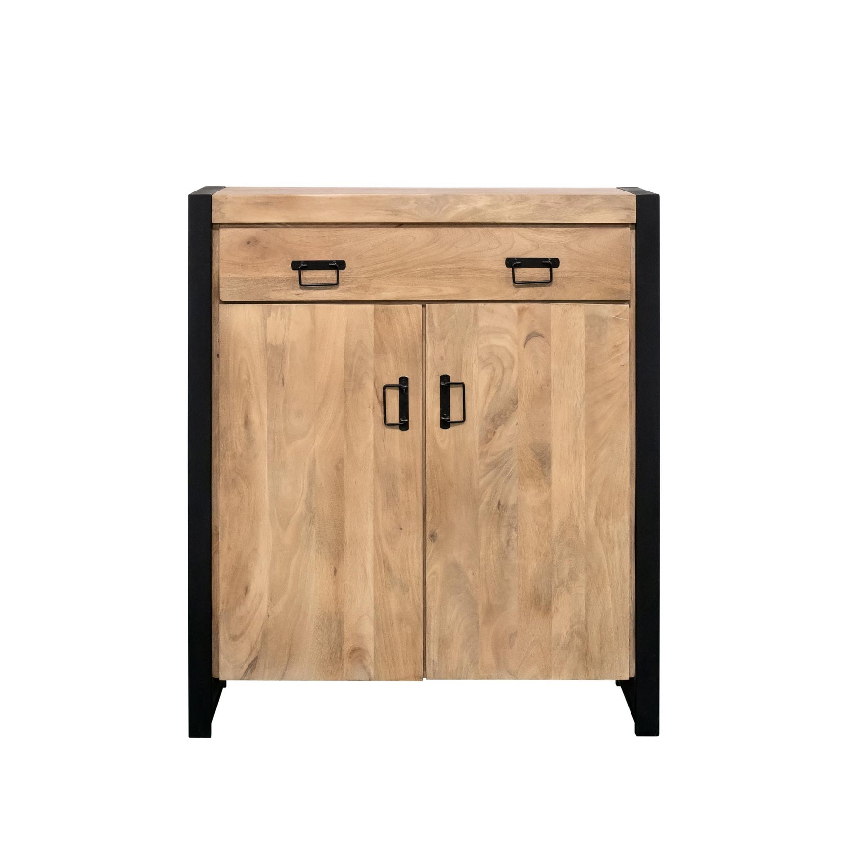 Kast met twee deuren en één lade, eikenlook hout en zwarte metalen poten